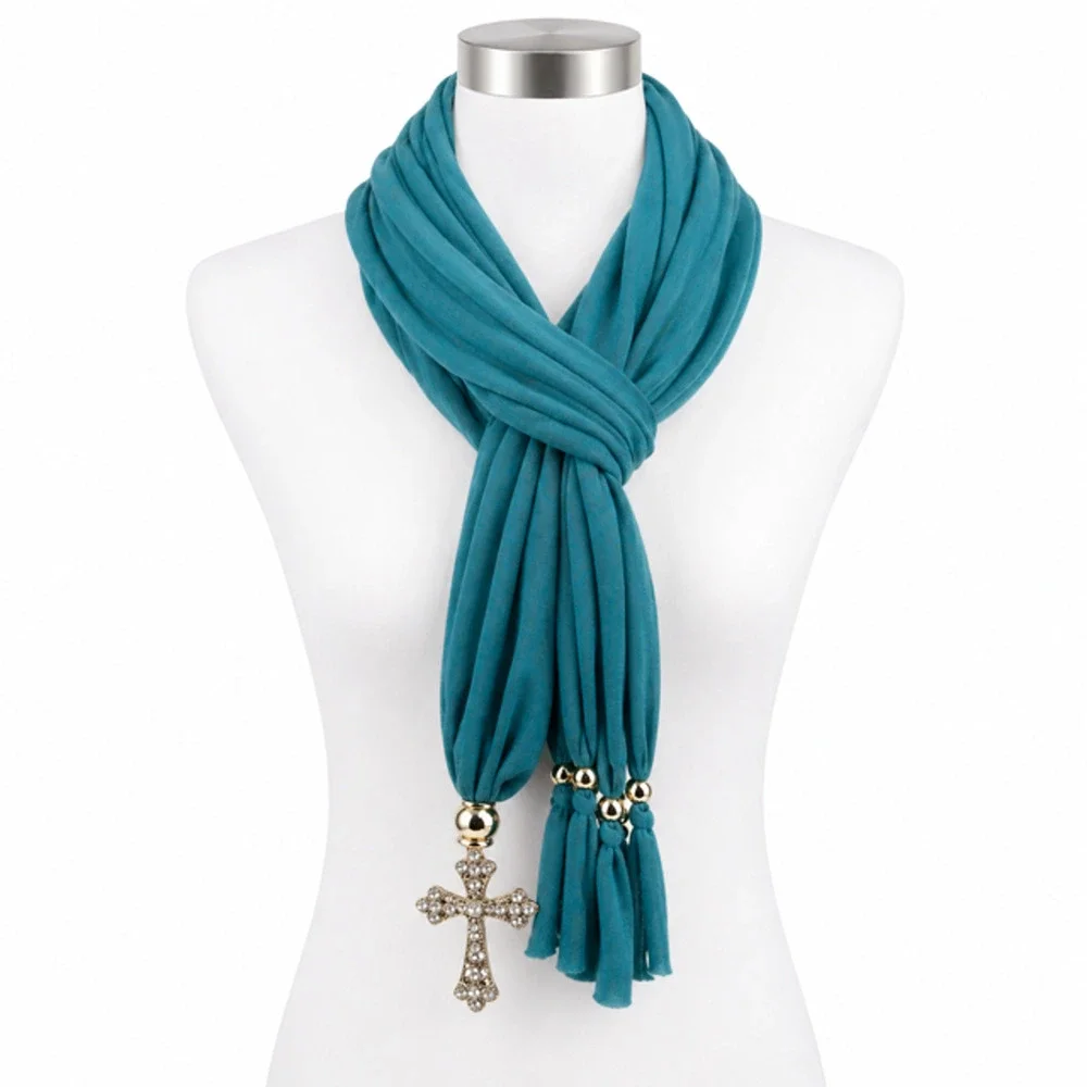 Teal Jewelry Scarf Rhinestone Cross Charm Tassel Necklace Scarf Statement OS